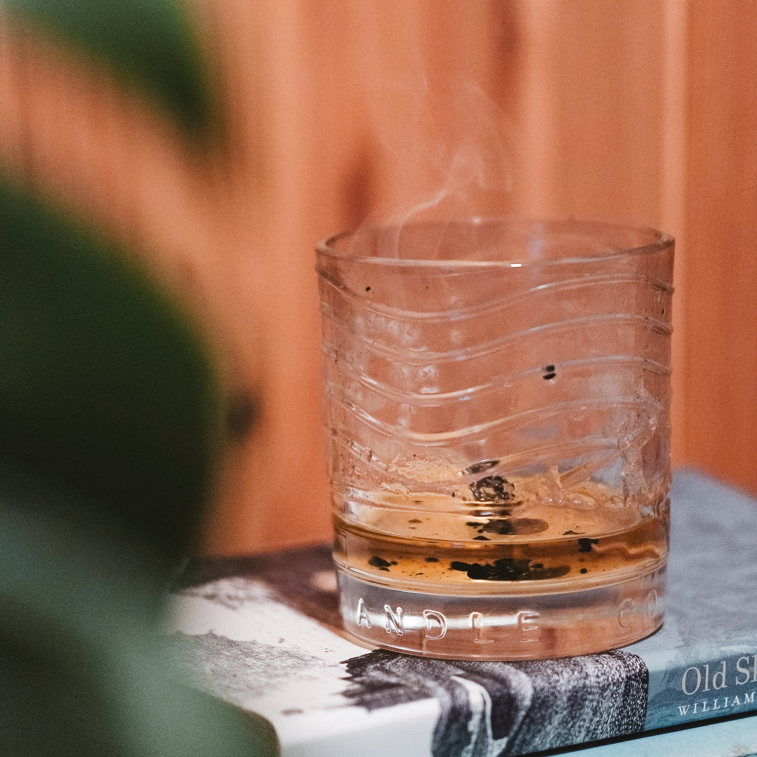A clear textured glass tumbler containing amber liquid, set on stacked books against a warm wooden background with a blurred green leaf in the foreground.